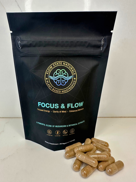 Nootropic Focus & Flow natural supplements for focus and energy. Caffeine alternative. Eliminate brain fog.