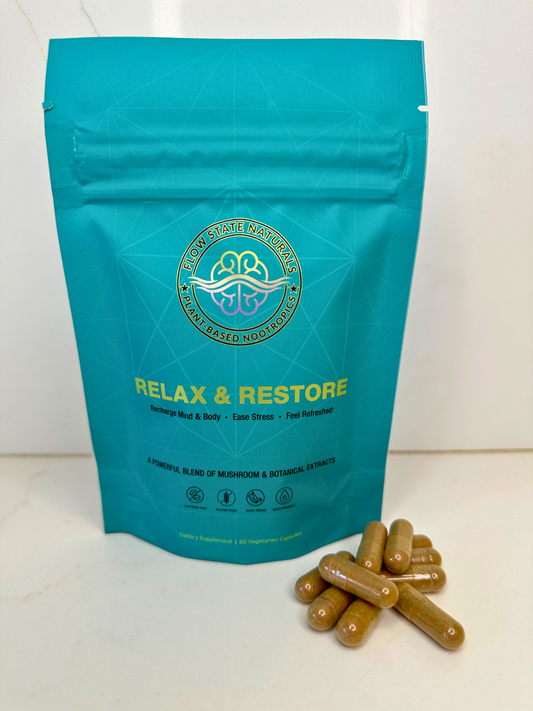 Natural supplement Relax & Restore. Adaptogens for or anxiety, inflammation, stress, recovery.